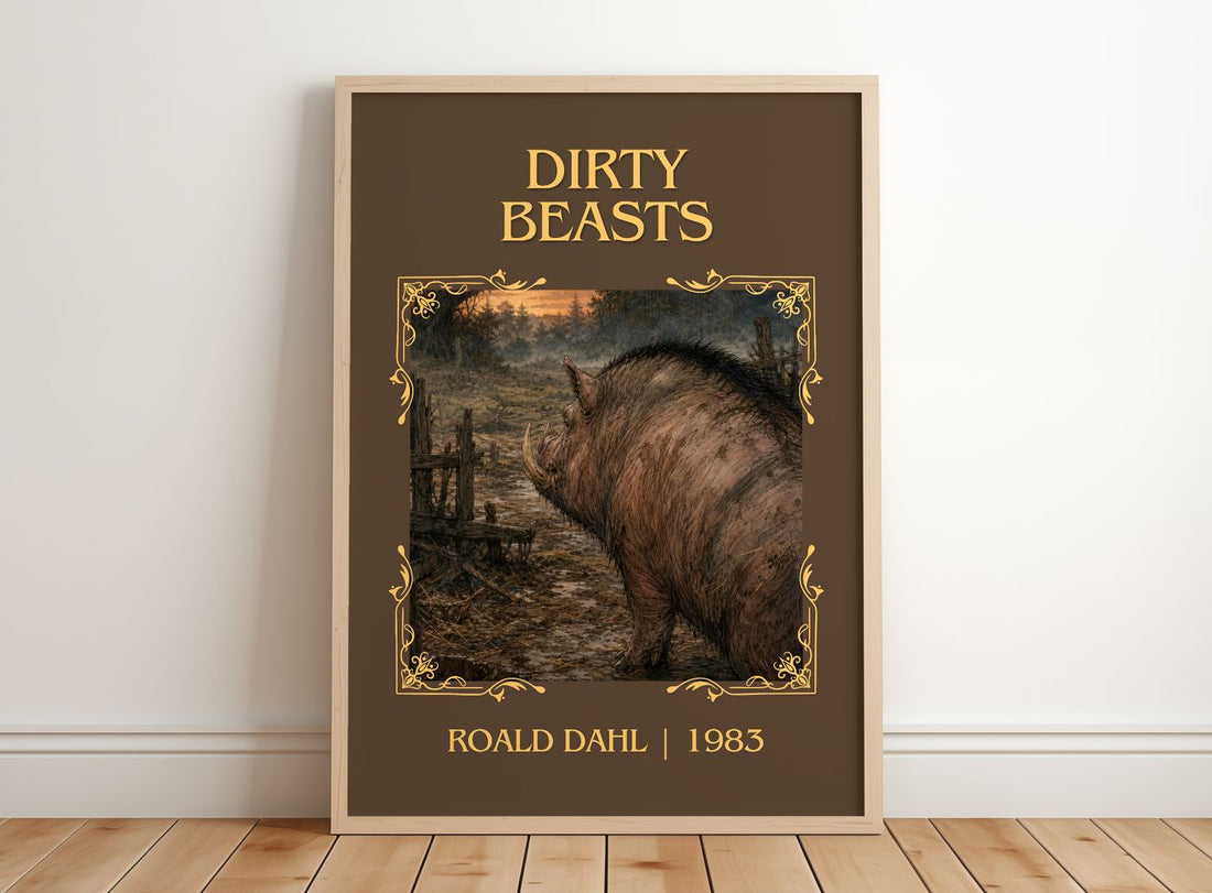Dirty Beasts Classic Book Art Print by Roald Dahl – framed print leaning on a wooden floor