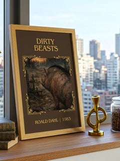 Dirty Beasts Classic Book Art Print by Roald Dahl – framed print on a city-view windowsill