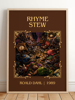 Rhyme Stew Classic Book Art Print by Roald Dahl – framed print leaning on a wooden floor