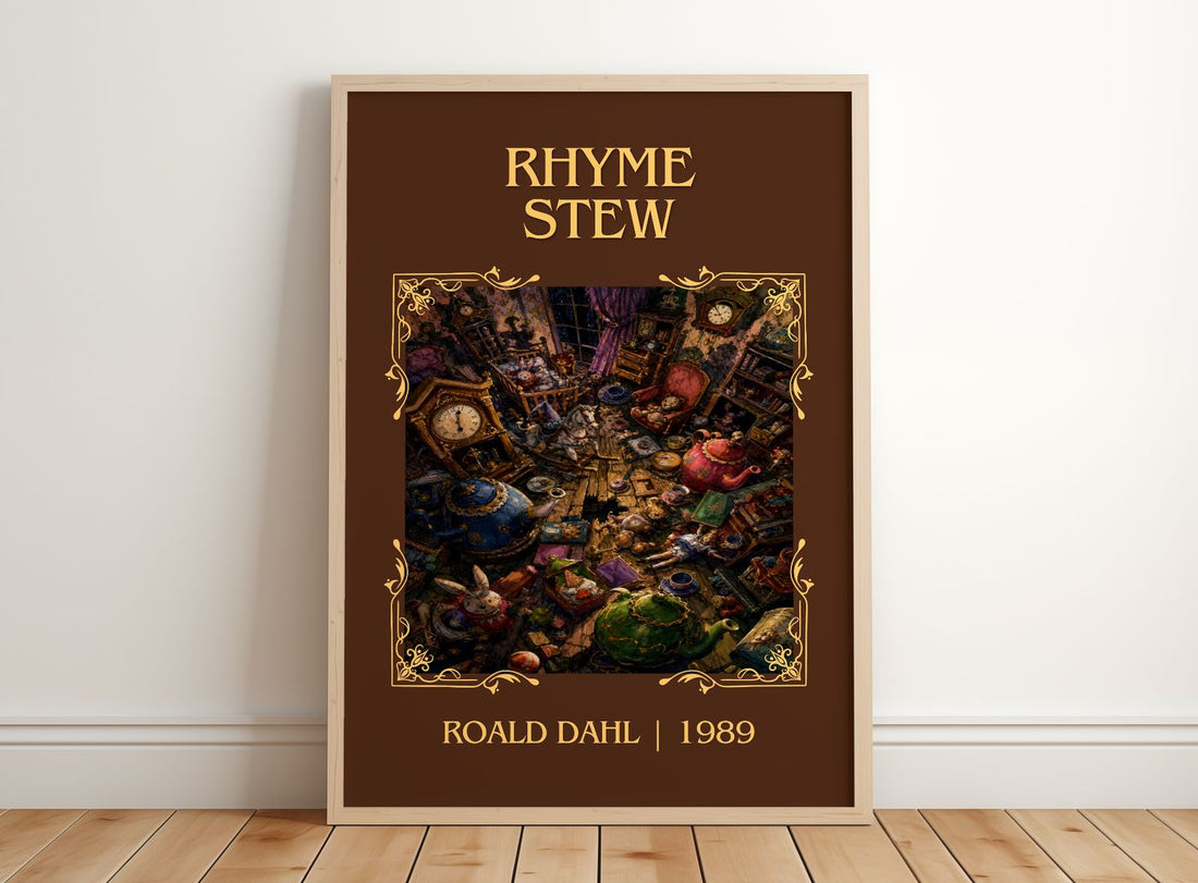 Rhyme Stew Classic Book Art Print by Roald Dahl – framed print leaning on a wooden floor