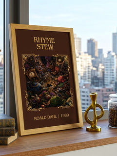 Rhyme Stew Classic Book Art Print by Roald Dahl – framed print on a city-view windowsill