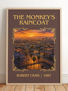 The Monkey's Raincoat Classic Book Art Print by Robert Crais – framed print leaning on a wooden floor