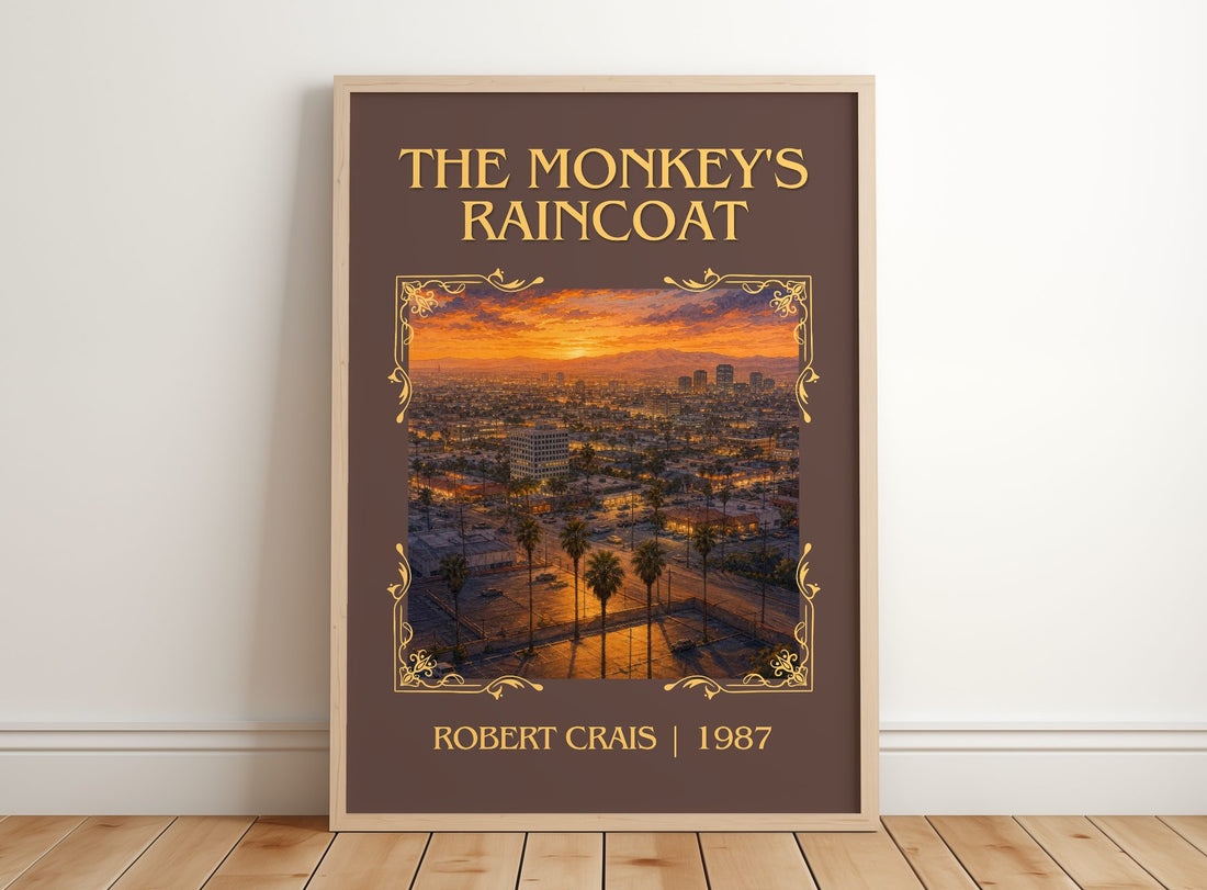 The Monkey's Raincoat Classic Book Art Print by Robert Crais – framed print leaning on a wooden floor