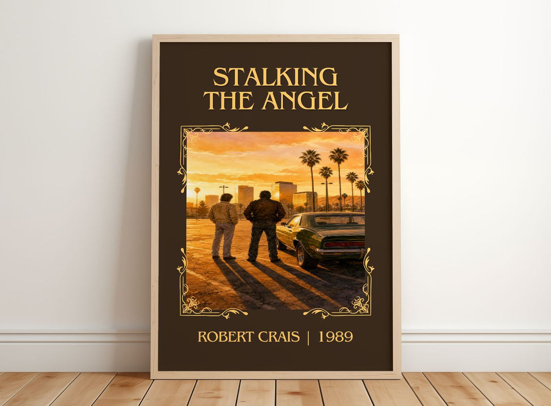 Stalking The Angel Classic Book Art Print by Robert Crais – framed print leaning on a wooden floor