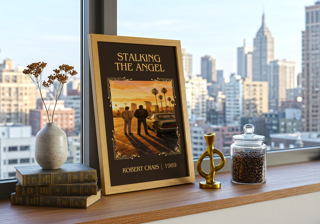 Stalking The Angel Classic Book Art Print by Robert Crais – framed print on a city-view windowsill