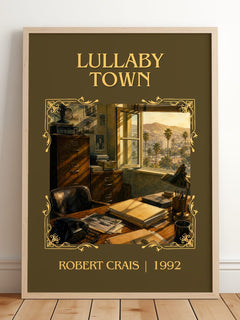 Lullaby Town Classic Book Art Print by Robert Crais – framed print leaning on a wooden floor