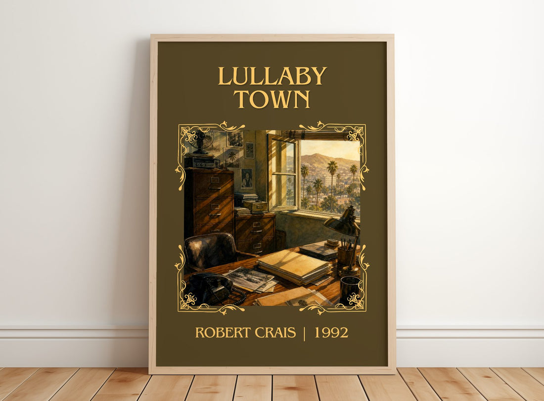 Lullaby Town Classic Book Art Print by Robert Crais – framed print leaning on a wooden floor