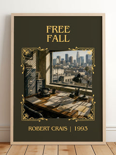 Free Fall Classic Book Art Print by Robert Crais – framed print leaning on a wooden floor