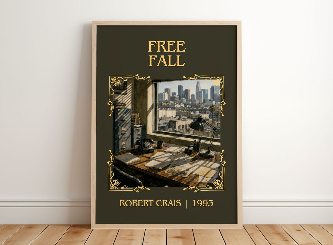 Free Fall Classic Book Art Print by Robert Crais – framed print leaning on a wooden floor
