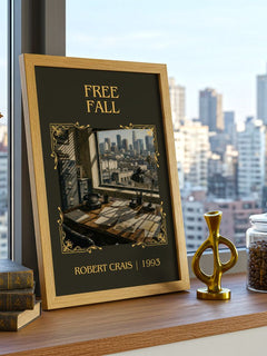 Free Fall Classic Book Art Print by Robert Crais – framed print on a city-view windowsill