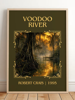 Voodoo River Classic Book Art Print by Robert Crais – framed print leaning on a wooden floor