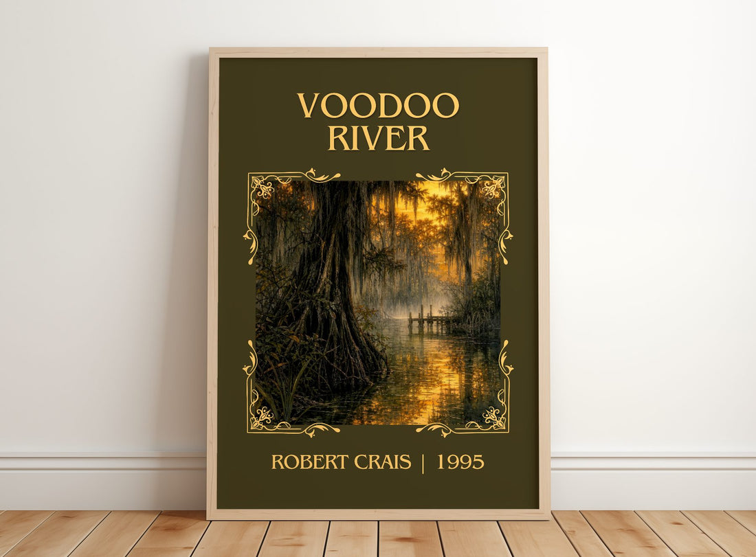 Voodoo River Classic Book Art Print by Robert Crais – framed print leaning on a wooden floor