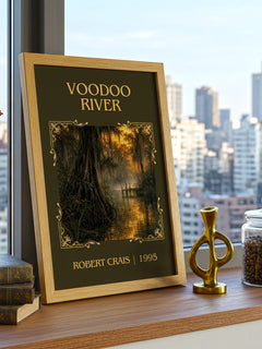 Voodoo River Classic Book Art Print by Robert Crais – framed print on a city-view windowsill