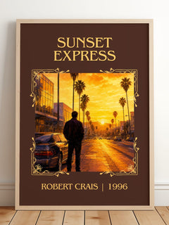 Sunset Express Classic Book Art Print by Robert Crais – framed print leaning on a wooden floor