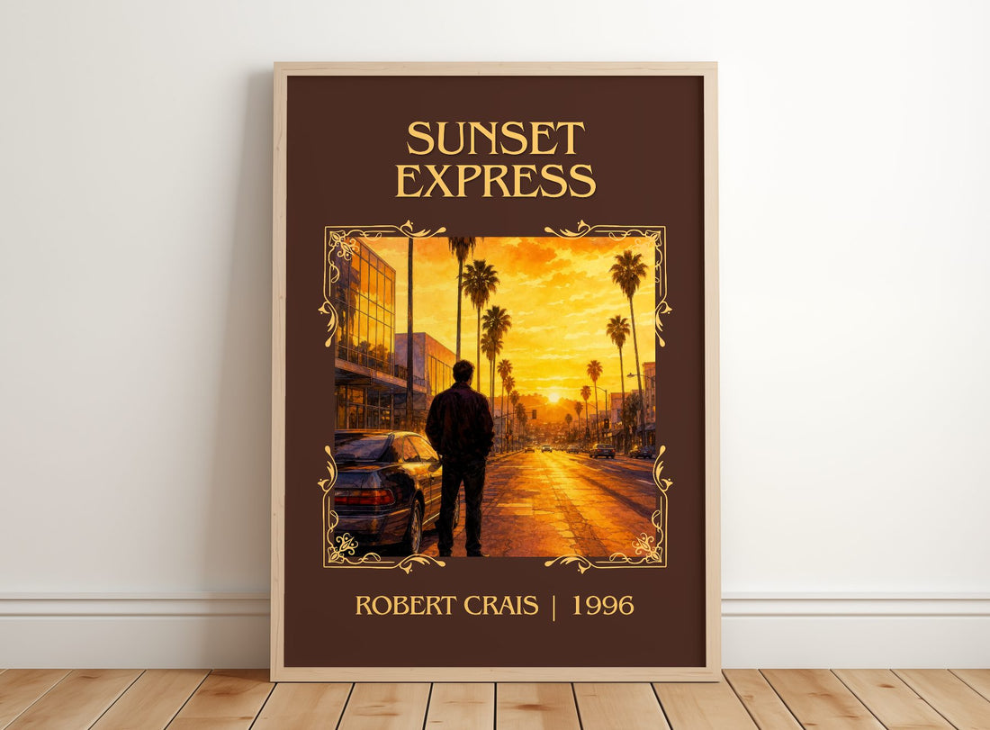 Sunset Express Classic Book Art Print by Robert Crais – framed print leaning on a wooden floor