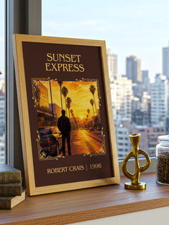 Sunset Express Classic Book Art Print by Robert Crais – framed print on a city-view windowsill