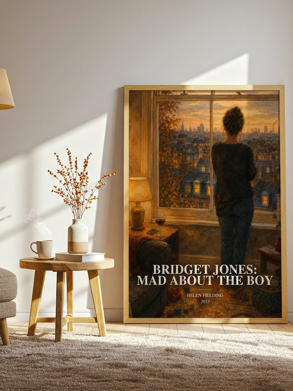 Bridget Jones: Mad About The Boy watercolour print in frame leaning in hallway – contemporary fiction wall art