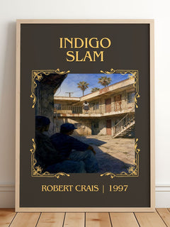 Indigo Slam Classic Book Art Print by Robert Crais – framed print leaning on a wooden floor