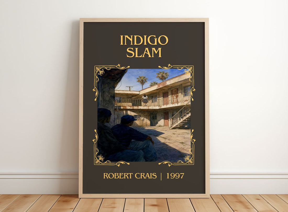 Indigo Slam Classic Book Art Print by Robert Crais – framed print leaning on a wooden floor