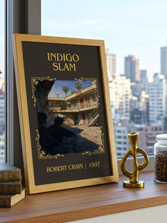 Indigo Slam Classic Book Art Print by Robert Crais – framed print on a city-view windowsill