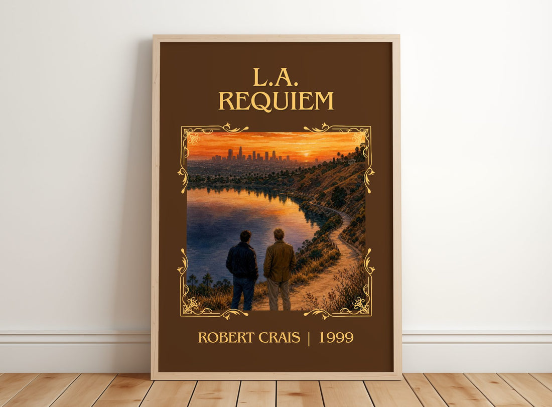 L.A. Requiem Classic Book Art Print by Robert Crais – framed print leaning on a wooden floor