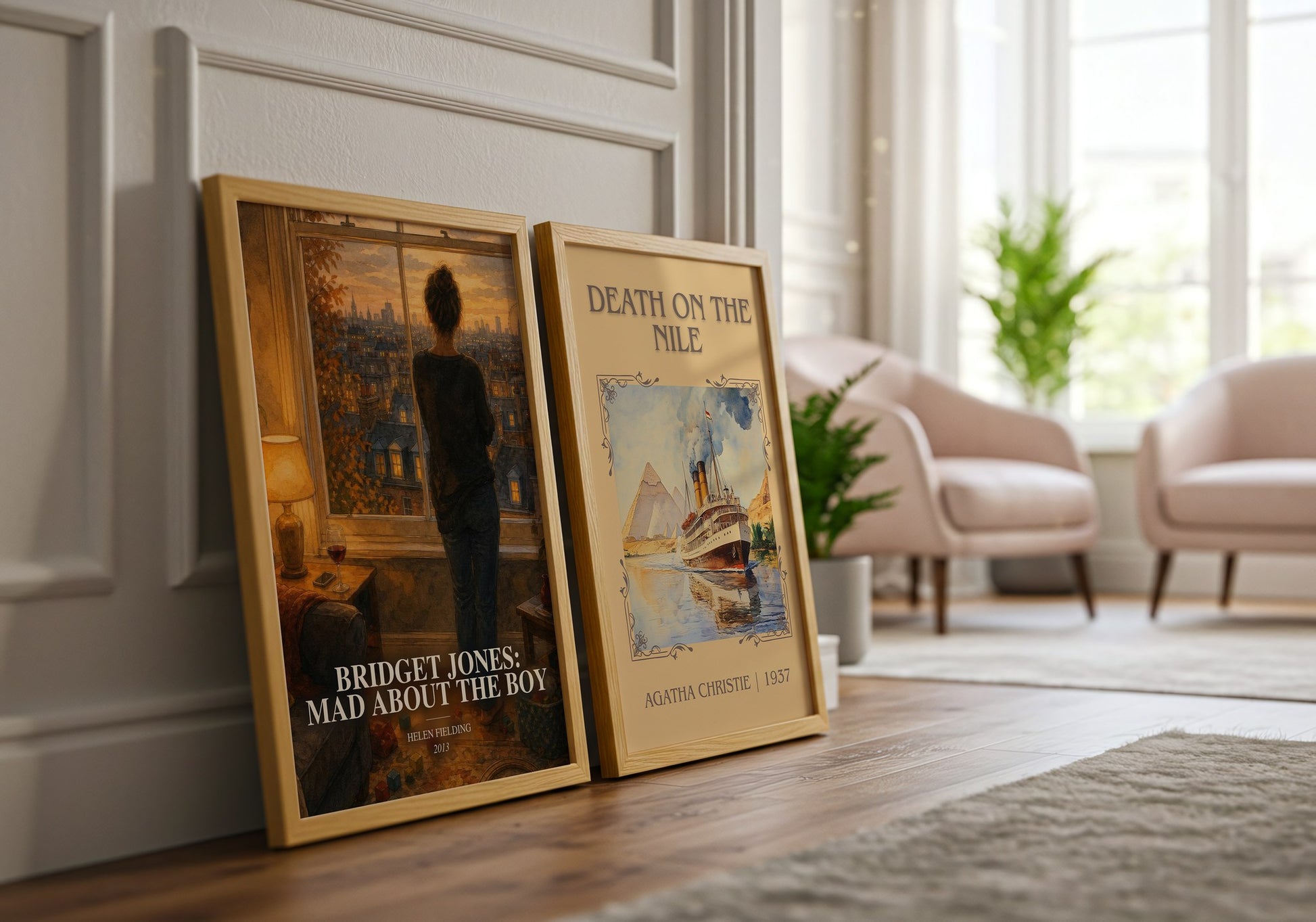 Bridget Jones: Mad About The Boy watercolour print framed by window – literary home decor