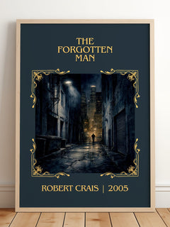 The Forgotten Man Classic Book Art Print by Robert Crais – framed print leaning on a wooden floor
