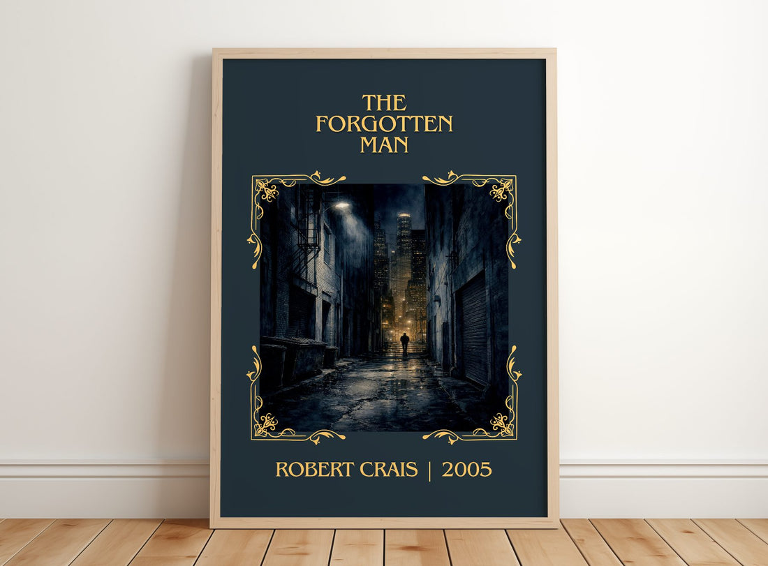 The Forgotten Man Classic Book Art Print by Robert Crais – framed print leaning on a wooden floor