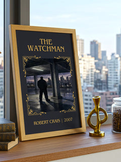 The Watchman Classic Book Art Print by Robert Crais – framed print on a city-view windowsill