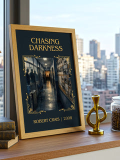Chasing Darkness Classic Book Art Print by Robert Crais – framed print on a city-view windowsill