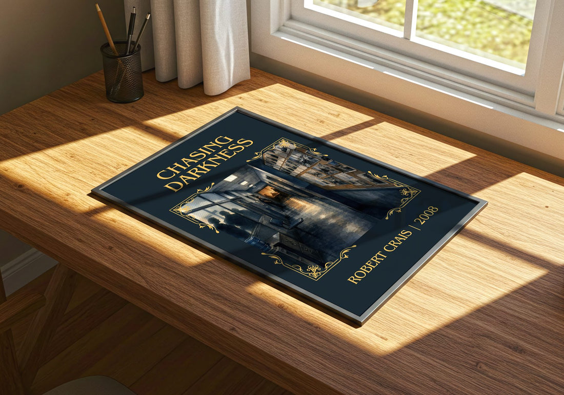 Chasing Darkness Classic Book Art Print by Robert Crais – print on a sunlit desk