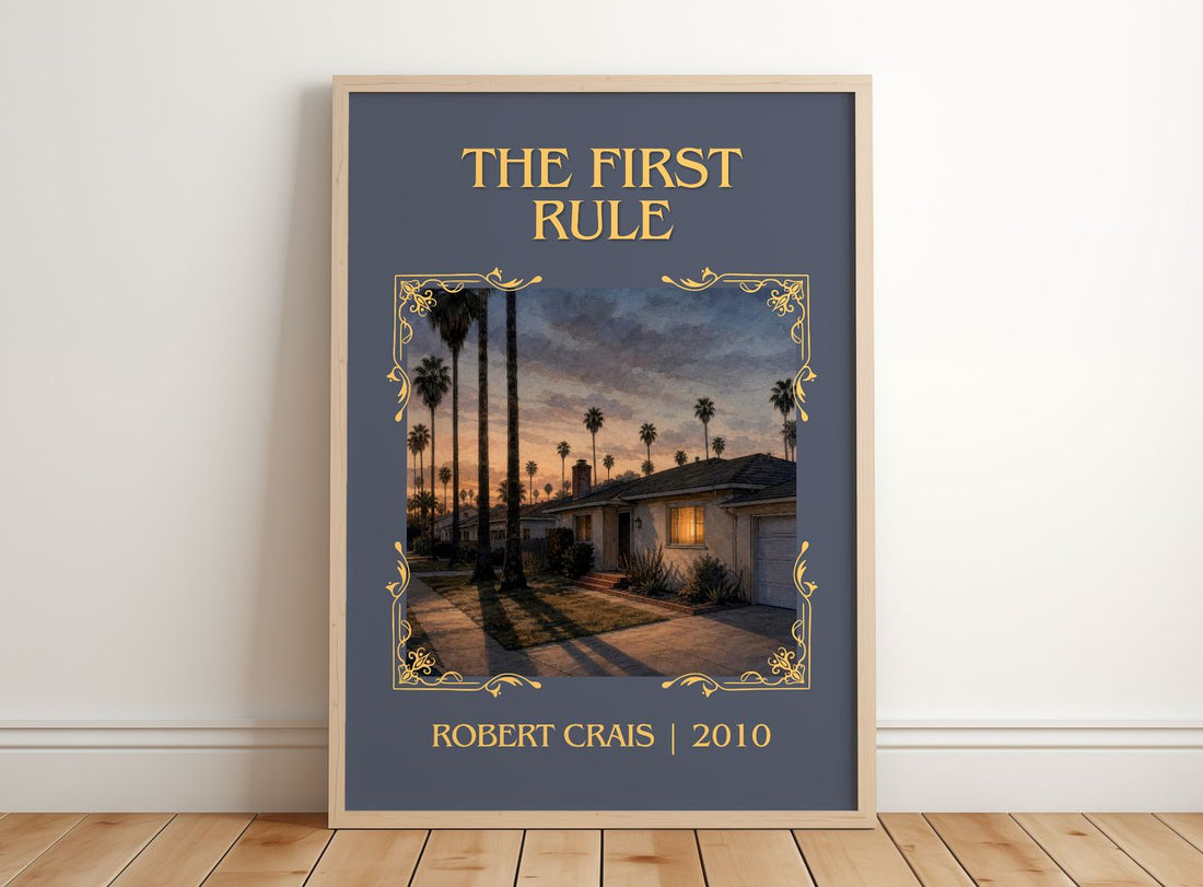 The First Rule Classic Book Art Print by Robert Crais – framed print leaning on a wooden floor