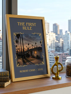 The First Rule Classic Book Art Print by Robert Crais – framed print on a city-view windowsill
