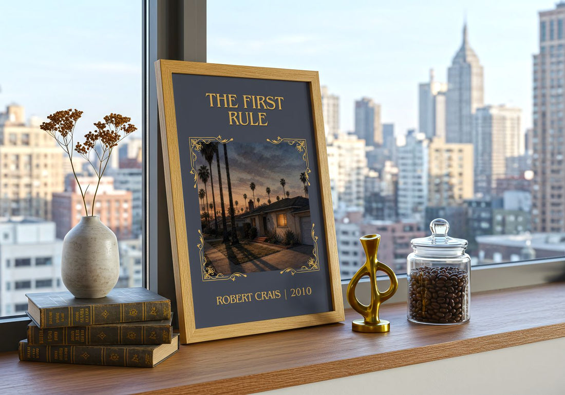 The First Rule Classic Book Art Print by Robert Crais – framed print on a city-view windowsill