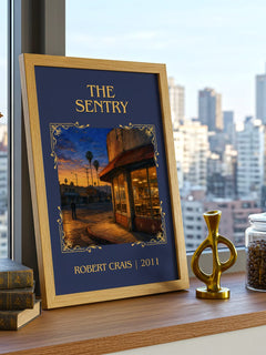 The Sentry Classic Book Art Print by Robert Crais – framed print on a city-view windowsill