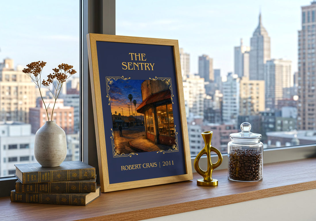 The Sentry Classic Book Art Print by Robert Crais – framed print on a city-view windowsill