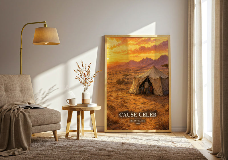 Cause Celeb watercolour print in frame leaning in hallway – contemporary fiction wall art