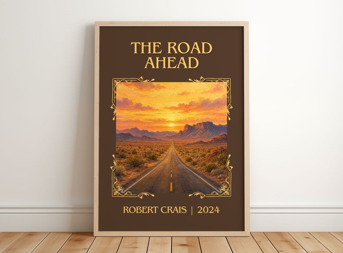 The Road Ahead Classic Book Art Print by Robert Crais – framed print leaning on a wooden floor