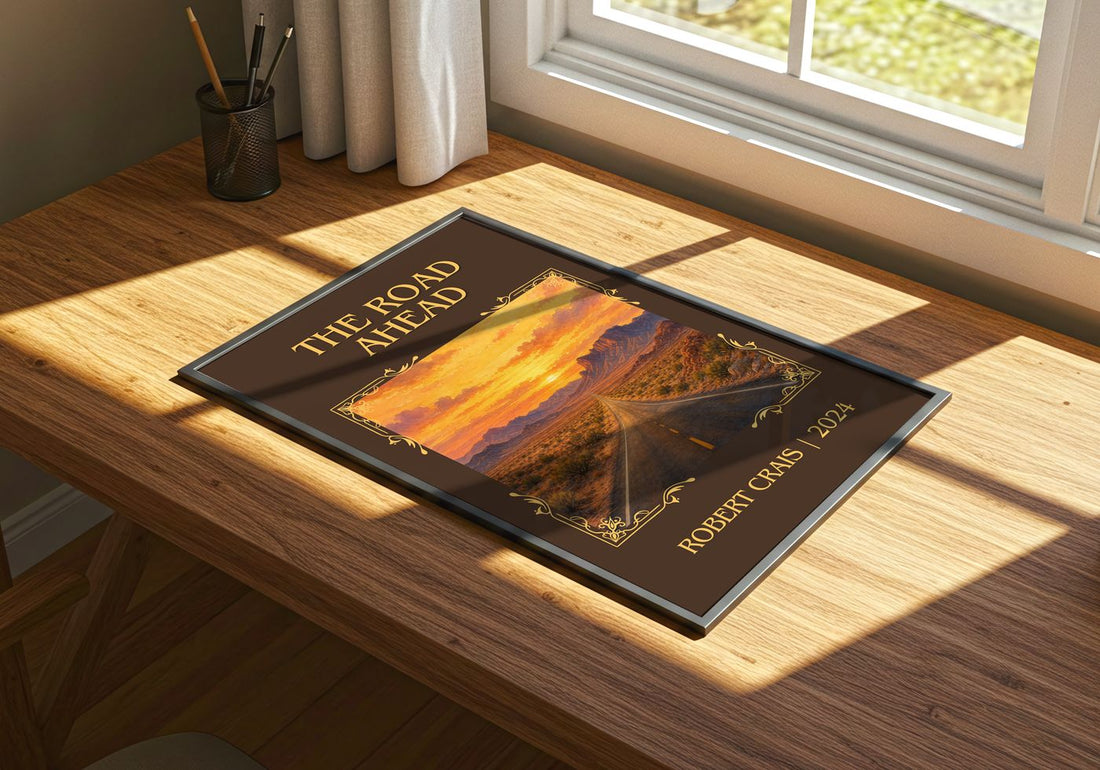The Road Ahead Classic Book Art Print by Robert Crais – print on a sunlit desk