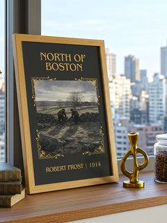 North Of Boston Classic Book Art Print by Robert Frost – framed print on a city-view windowsill