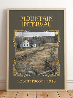 Mountain Interval Classic Book Art Print by Robert Frost – framed print leaning on a wooden floor