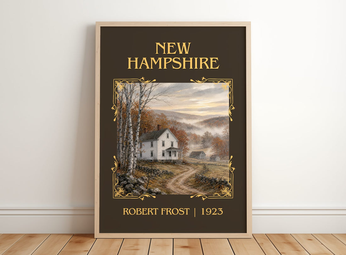 New Hampshire Classic Book Art Print by Robert Frost – framed print leaning on a wooden floor