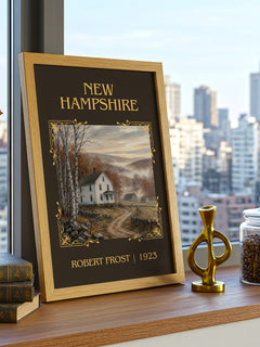 New Hampshire Classic Book Art Print by Robert Frost – framed print on a city-view windowsill