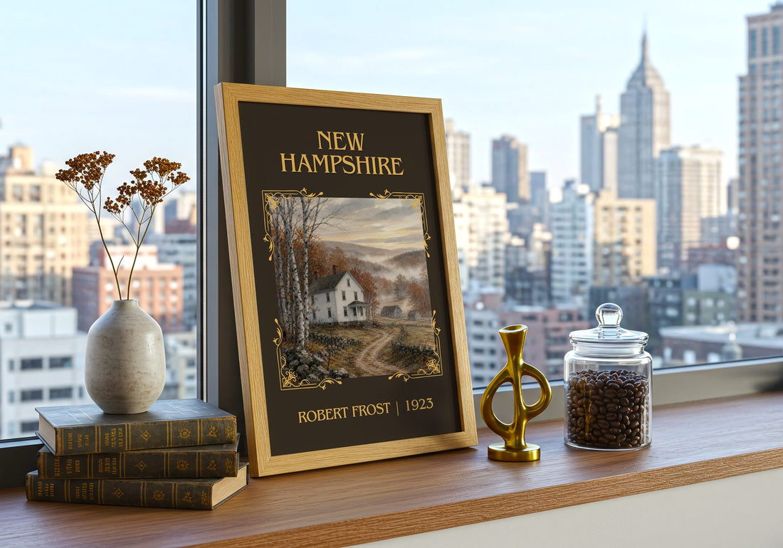 New Hampshire Classic Book Art Print by Robert Frost – framed print on a city-view windowsill