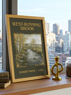 West-Running Brook Classic Book Art Print by Robert Frost – framed print on a city-view windowsill