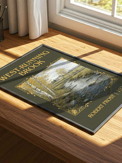 West-Running Brook Classic Book Art Print by Robert Frost – print on a sunlit desk
