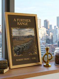 A Further Range Classic Book Art Print by Robert Frost – framed print on a city-view windowsill