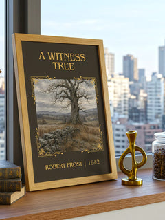 A Witness Tree Classic Book Art Print by Robert Frost – framed print on a city-view windowsill