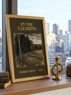 In The Clearing Classic Book Art Print by Robert Frost – framed print on a city-view windowsill
