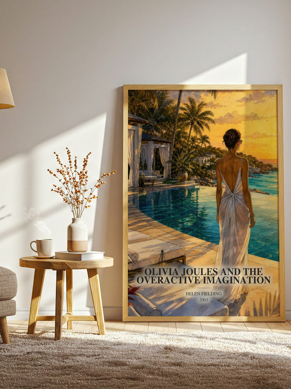 Olivia Joules And The Overactive Imagination watercolour print in frame leaning in hallway – contemporary fiction wall art